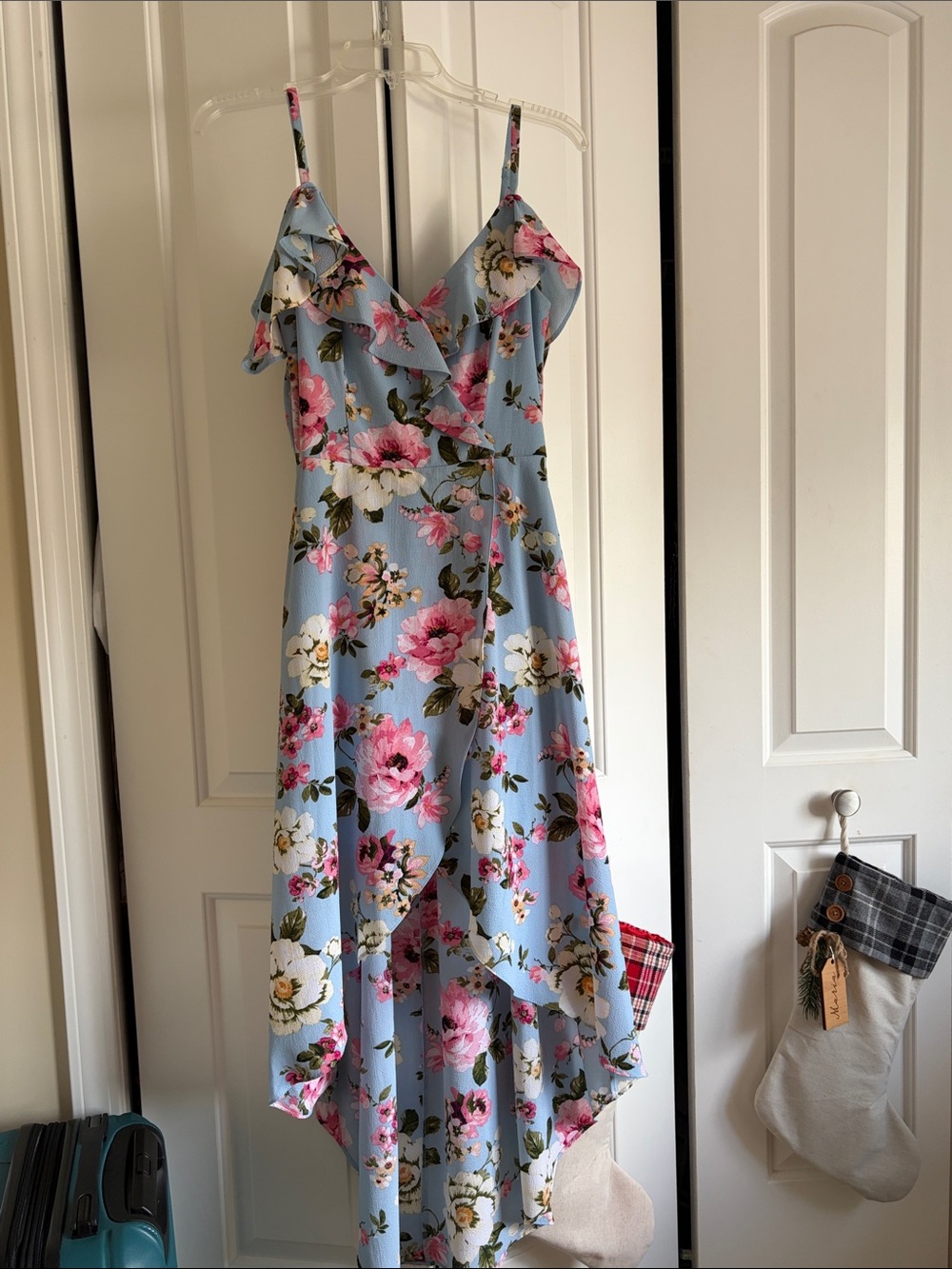 Iz Byer Light Blue Floral Ruffle High-Low Dress